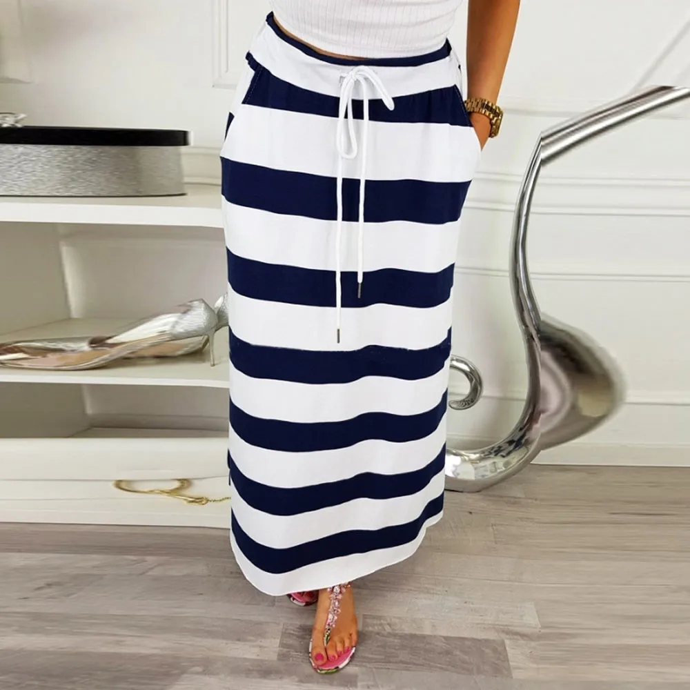 

Fashion Women Long Skirts Spring Summer Casual Womens Fashion Stripe Hight Waist Maxi Long Skirt High Waist A- line Skirts