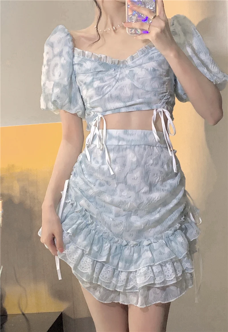 

French design sense of drawstring tie wood ears puff sleeve sweet shirt tops women 2021 summer new skirt