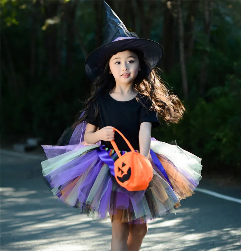 Платье-пачка для девочек на Хэллоуин косплей ведьма с шляпой тыквой реквизит