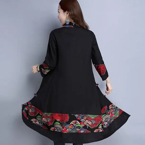 Весенне-осеннее Женское пальто из хлопка и льна с принтом Длинные рубашки