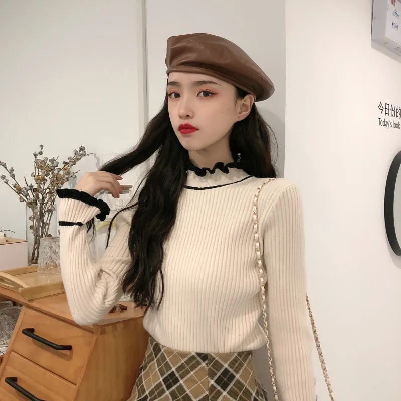 

Hipster Black Slim Long Sleeve Knitted Sweaters for Women Clothes Korean Patchwork Button Turtleneck Ladies Tops Pullovers New