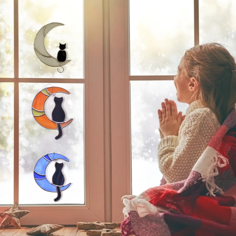Витражные витражные настенные наклейки в форме кота на Луну окна Ловца солнца
