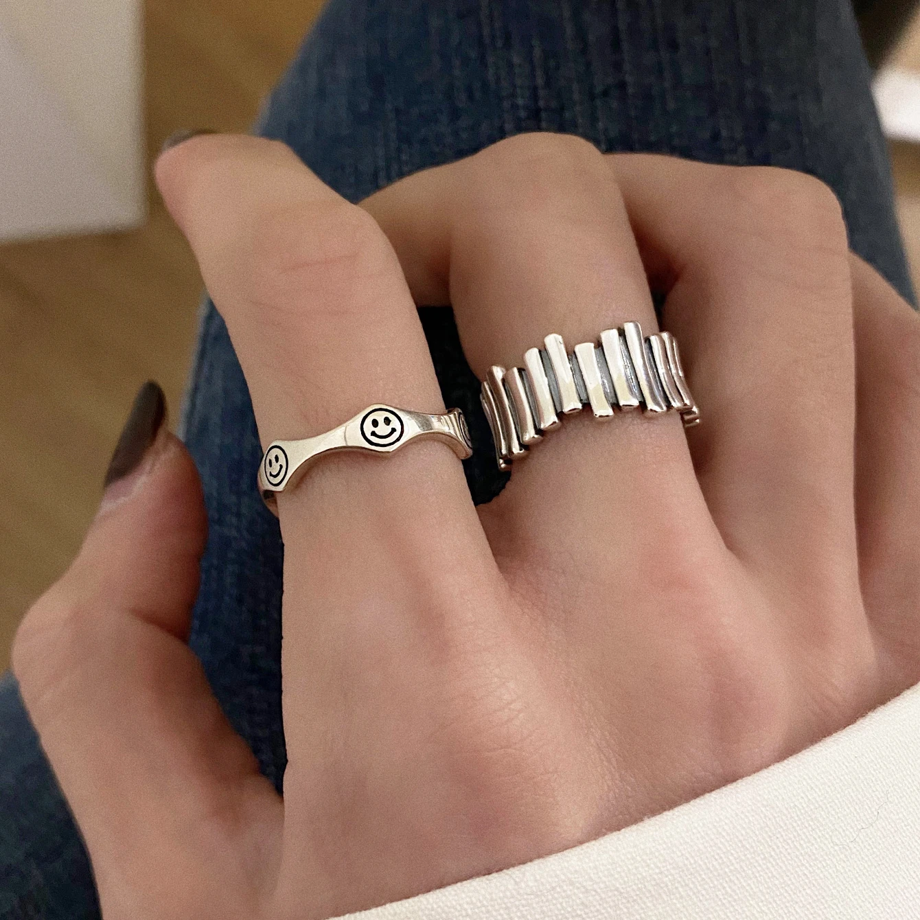 

Vintage Round Adjust Size Silver Color Lucky Smile FaceFinger Rings For Women Korean Ladies Personality Jewellery Gift