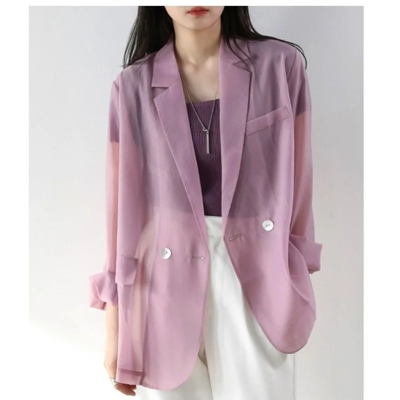 

2021 Spring Summer Women Fashion Solid Color Perspective Turn-down Collar Long Sleeve Loose Sun Protection Jacket