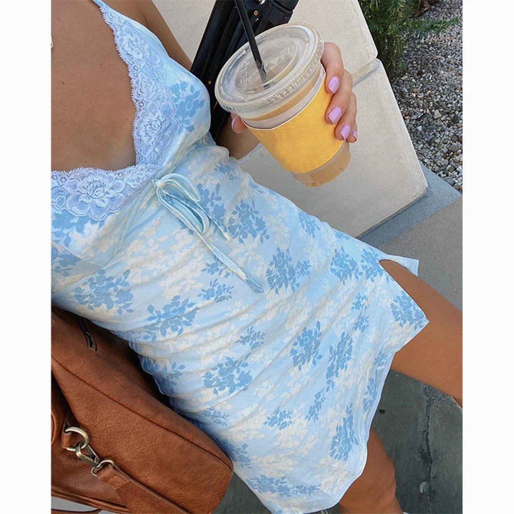 

V Neck Lace Sleeveless Sexy Mini Dress Women Split Summer Backless Spaghetti Strap Short Dresses Ladies Printed Beach Mini Dress