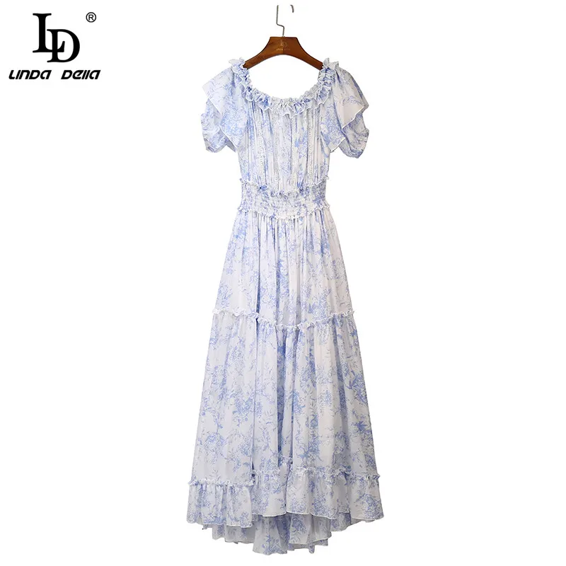 

LD LINDA DELLA 2021 модное дизайнерское летнее платье для женщин с пышными рукавами с эластичной резинкой на талии синее платье с цветочным принтом ...