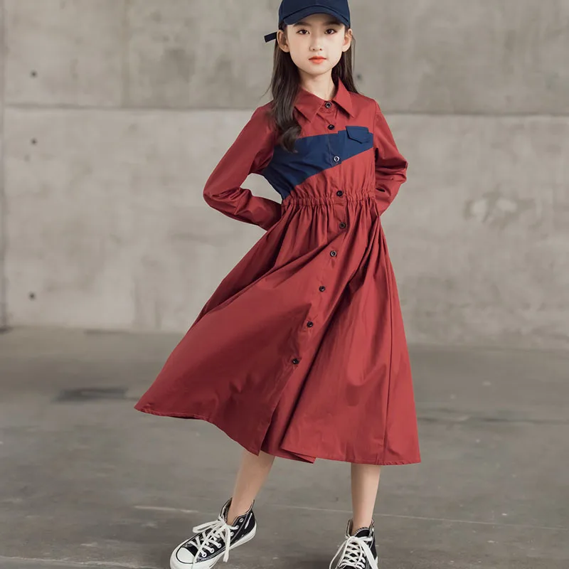 

Teenage Girls Dress Elegant Autumn Button Patchwork Cotton Kids Dresses for Girl School Children Clothing 6 8 10 12 14 16 Y