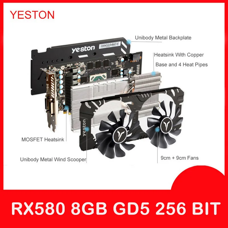 Yeston Radeon видеокарта RX 580 GPU 8 ГБ GDDR5 256bit игровой настольный компьютер ПК видео Поддержка DVI-D/HDMI PCI-E X16 3,0
