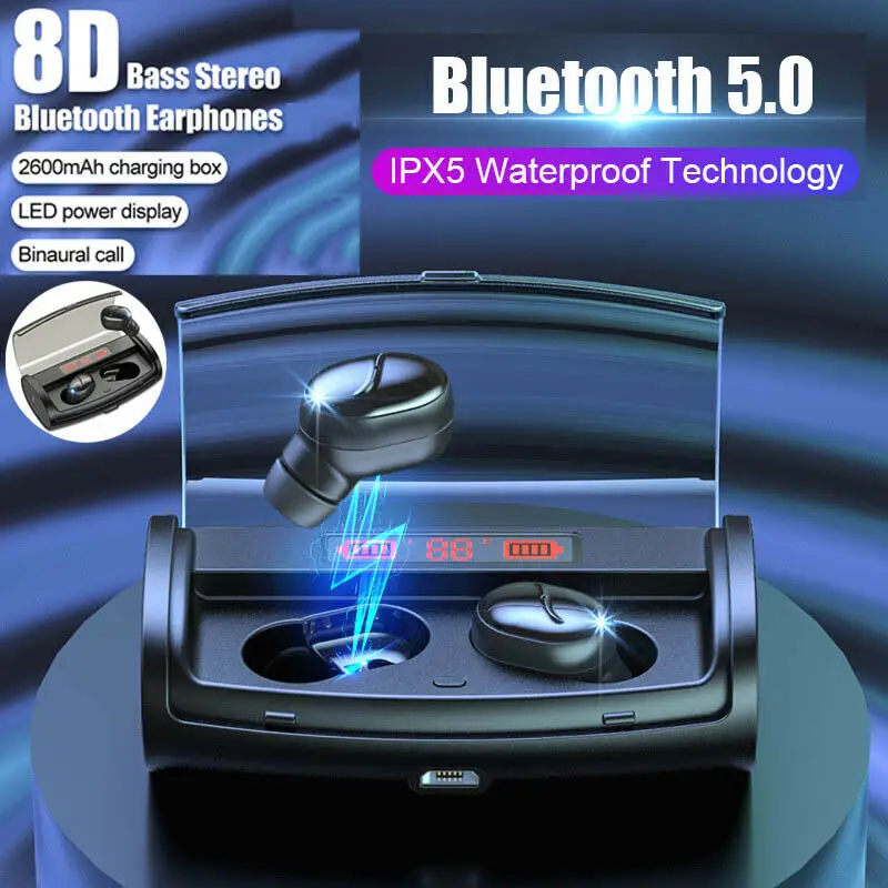 PYMH Bluetooth 5.0 TWS Wireless Mini Earbuds 8D Stereo IPX5 Waterproof Headphones