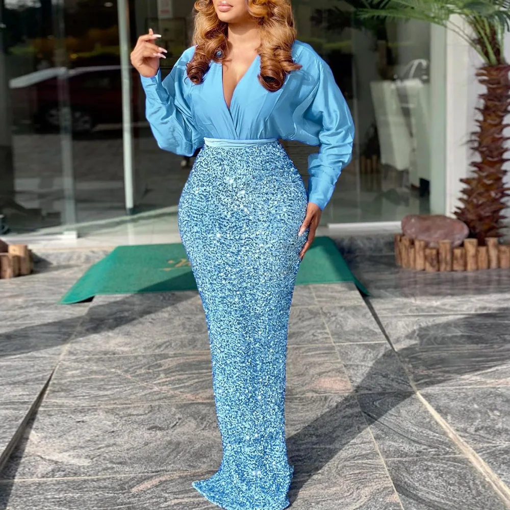 

INS Super Hot Blue Sequin Dress Sexy V Neck Long Sleeve Women's Luxury Glitter Prom Formal Maxi Party Dress