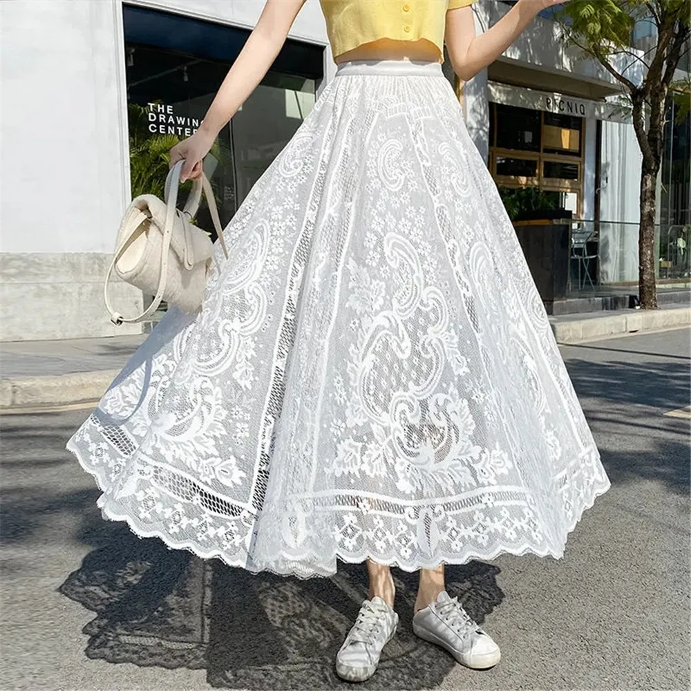

Elegant Lace French Maxi Skirt Women Autumn Black High Waist Pleated Skirt Students Winter Wild White Ruffle A-Line Tulle Skirt