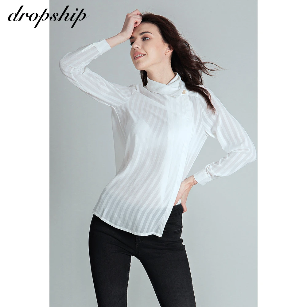 

Женская шифоновая блузка в полоску, элегантная офисная Повседневная рубашка черного и белого цветов с длинным рукавом, одежда для работы, ...