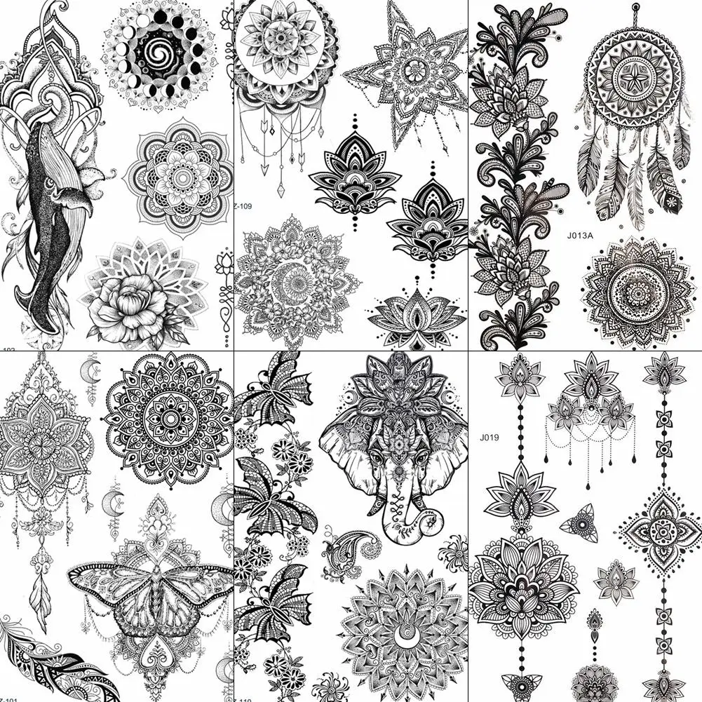 

FANRUI DreamCatcher Black Henna Temporary Tattoo Sticker Mehndi Elephant Hamsa Hand Fake Tattoo Waterproof Body Art Custom Tatoo