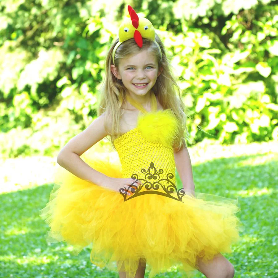 Cute Girls Yellow Chicken Feather Tutu Dress Kids Crochet Corset Ballet with Hairbow Children Party Costume Cosplay | Детская одежда и