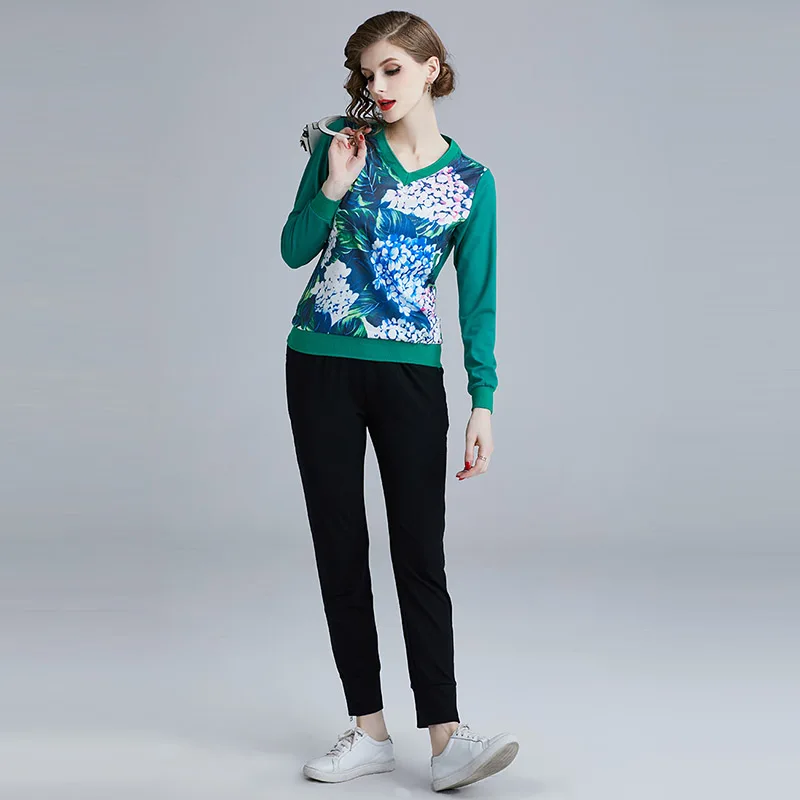 

Willstage women t shirt long sleeve shirt floral printing v neck t-shirts casual Tee 2019 Autumn female clothes green tops