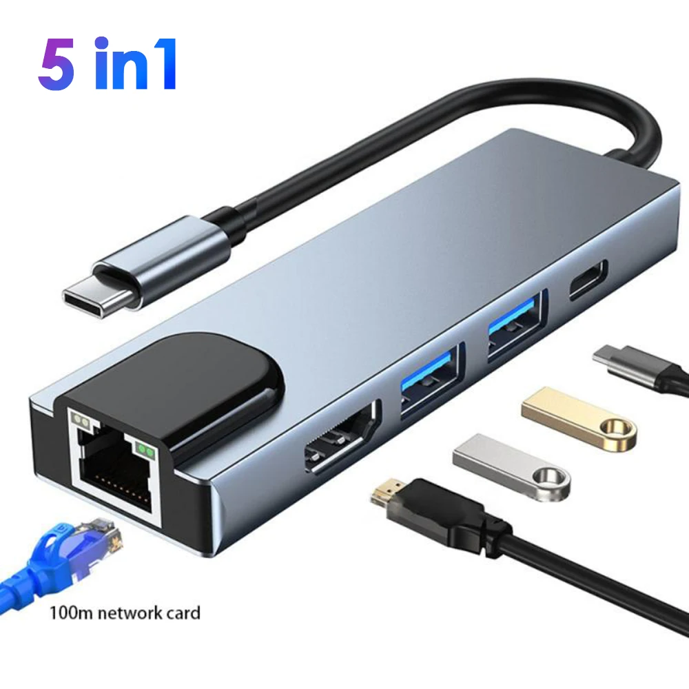 

5 In 1 Type C HUB USB 3.0 Docking Station TF SD Reader Slot RJ45 PD 4K HDMI-Compatible Adapter for MacBook