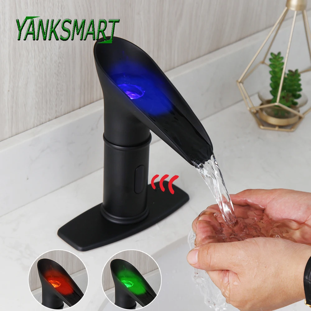 

YANKSMART LED Matte Black Sensor Bathroom Faucet Waterfall Basin Sink Deck Mounted Touchless Washbasin Faucet Mixer Water Tap