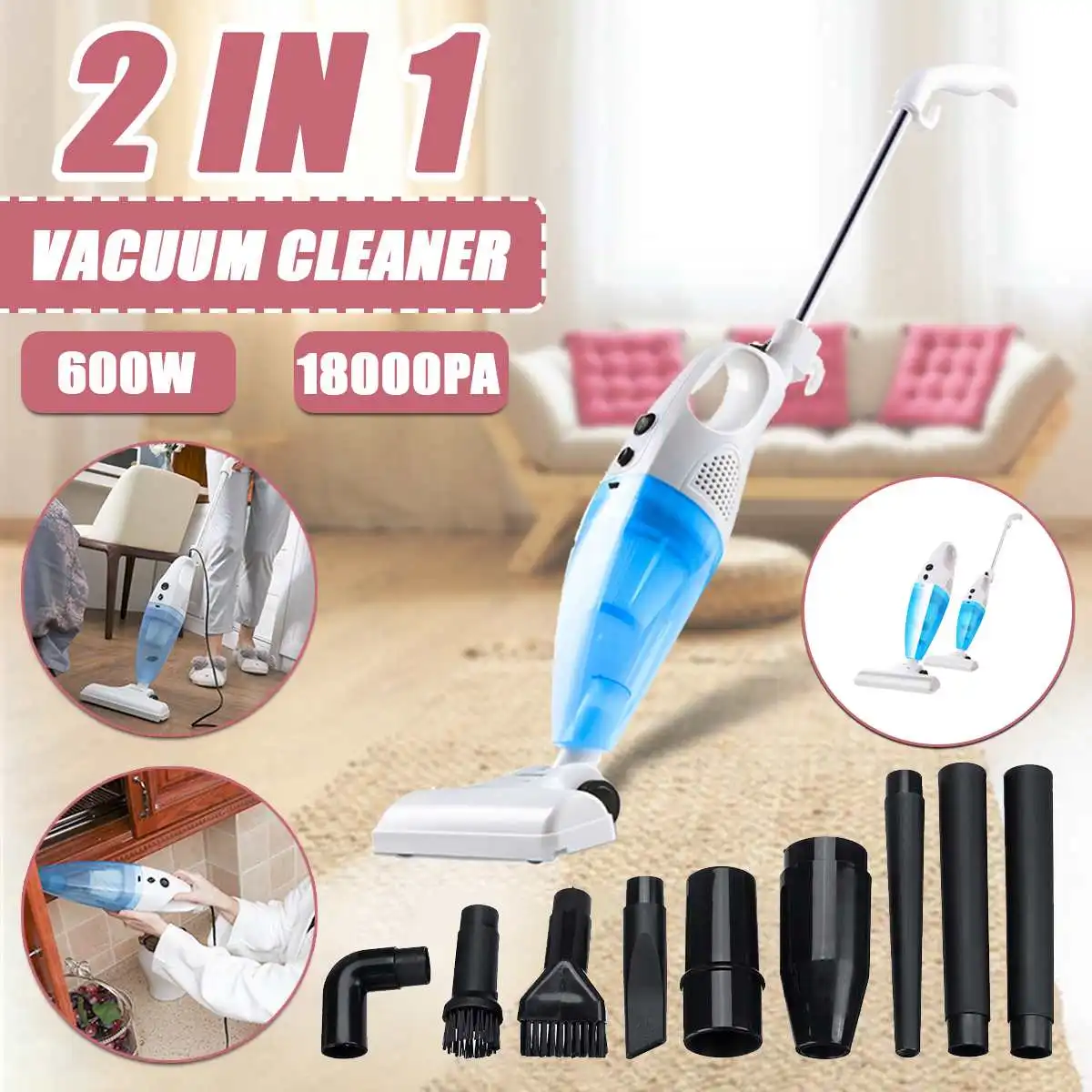 

Household or automobile 2 in 1 manual vacuum cleaner, 600W, 18000pa, energy absorption