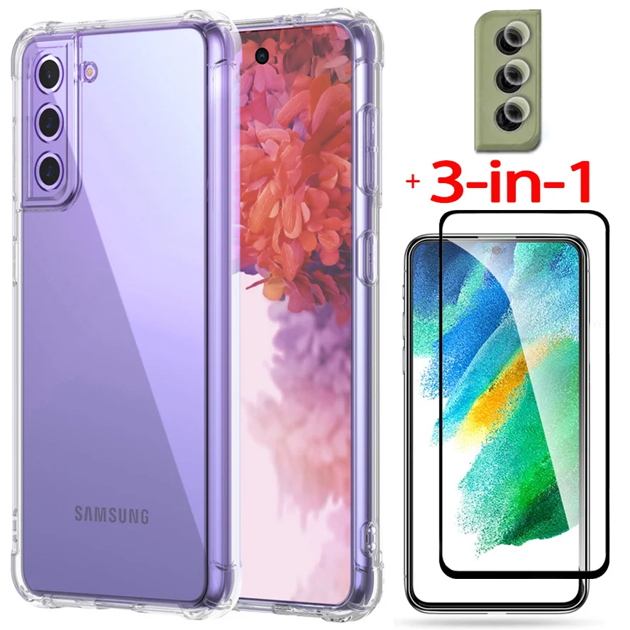 

3-in-1, case for samsung galaxy s 21 fe cover shockproof silicone phone cases s21 fe glass case s21fe samsung s21 fe 5g case