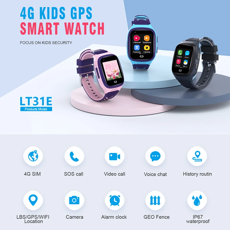 

LT31E 4G Детские Смарт-часы GPS Wi-Fi видеозвонок с функцией блокировки лица трекер SOS IP67 водонепроницаемые Детские Смарт-часы с камерой