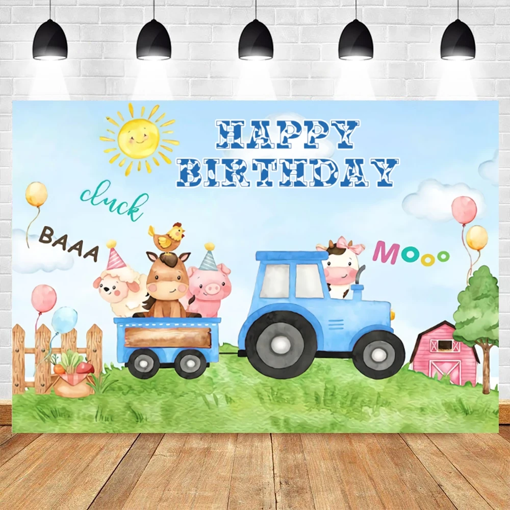 

Cartoon Farm Car Animal Happy Birthday Party Backdrop Customizable Text Baby Photography Background For Photo Studio Shoot