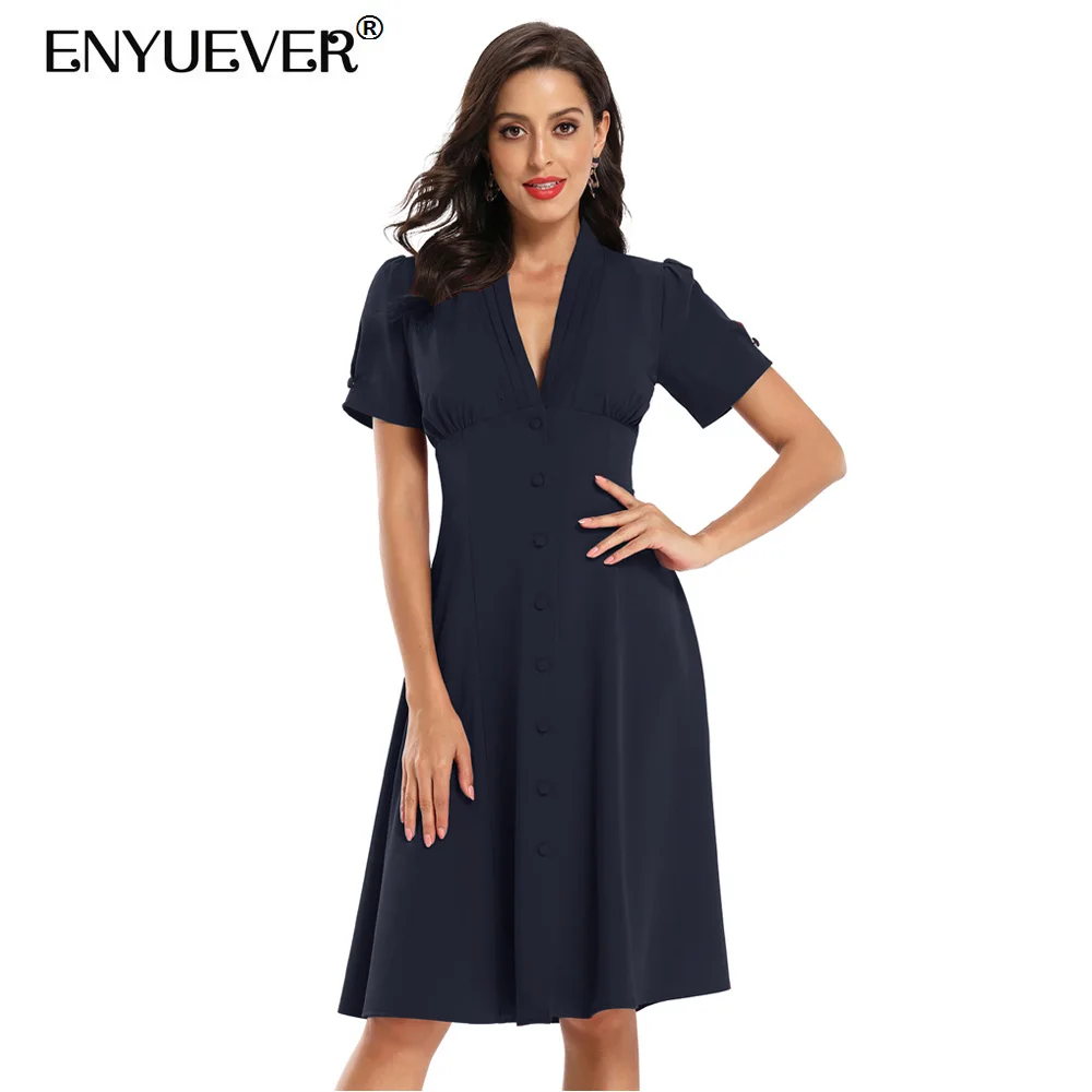 

Элегантное офисное платье Enyuever, женская одежда 2021, халат с коротким рукавом и V-образным вырезом, летняя одежда в стиле ретро с высокой талией, женские платья