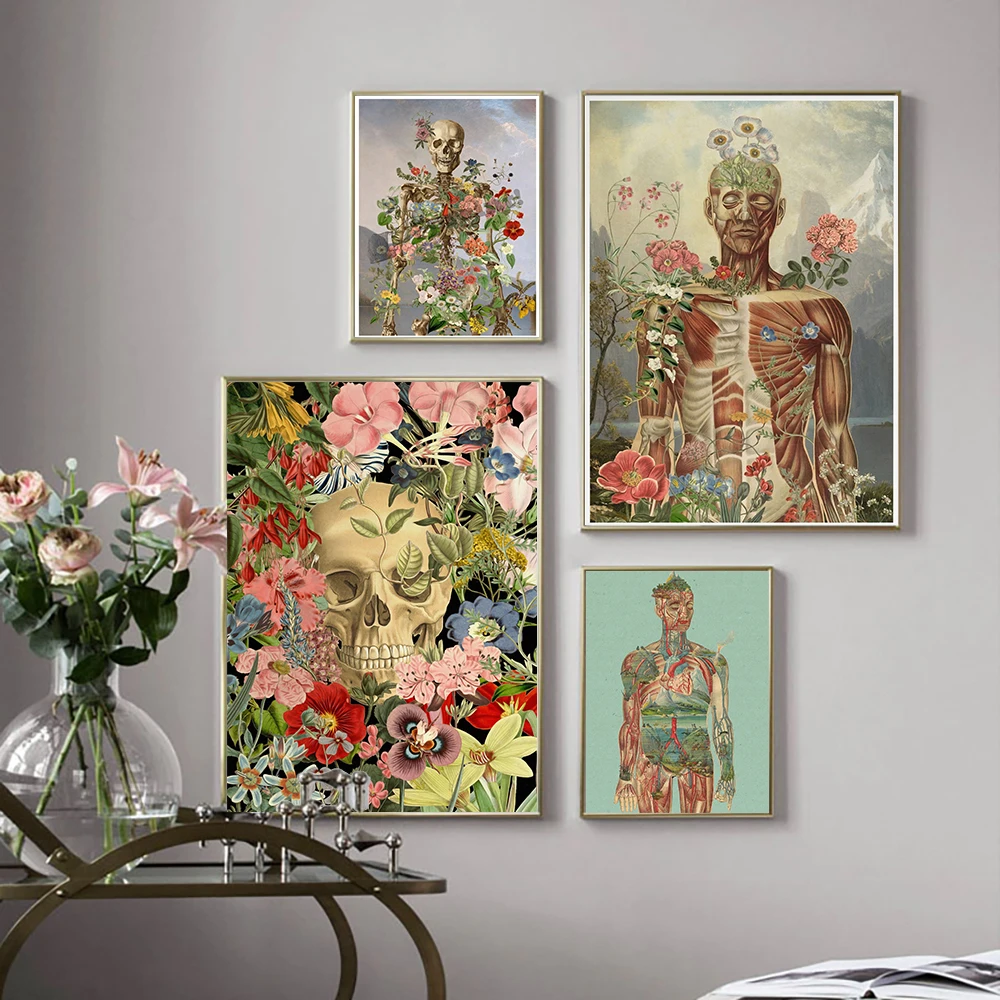 Подарочный плакат с изображением цветов черепа анатомическая медицинская