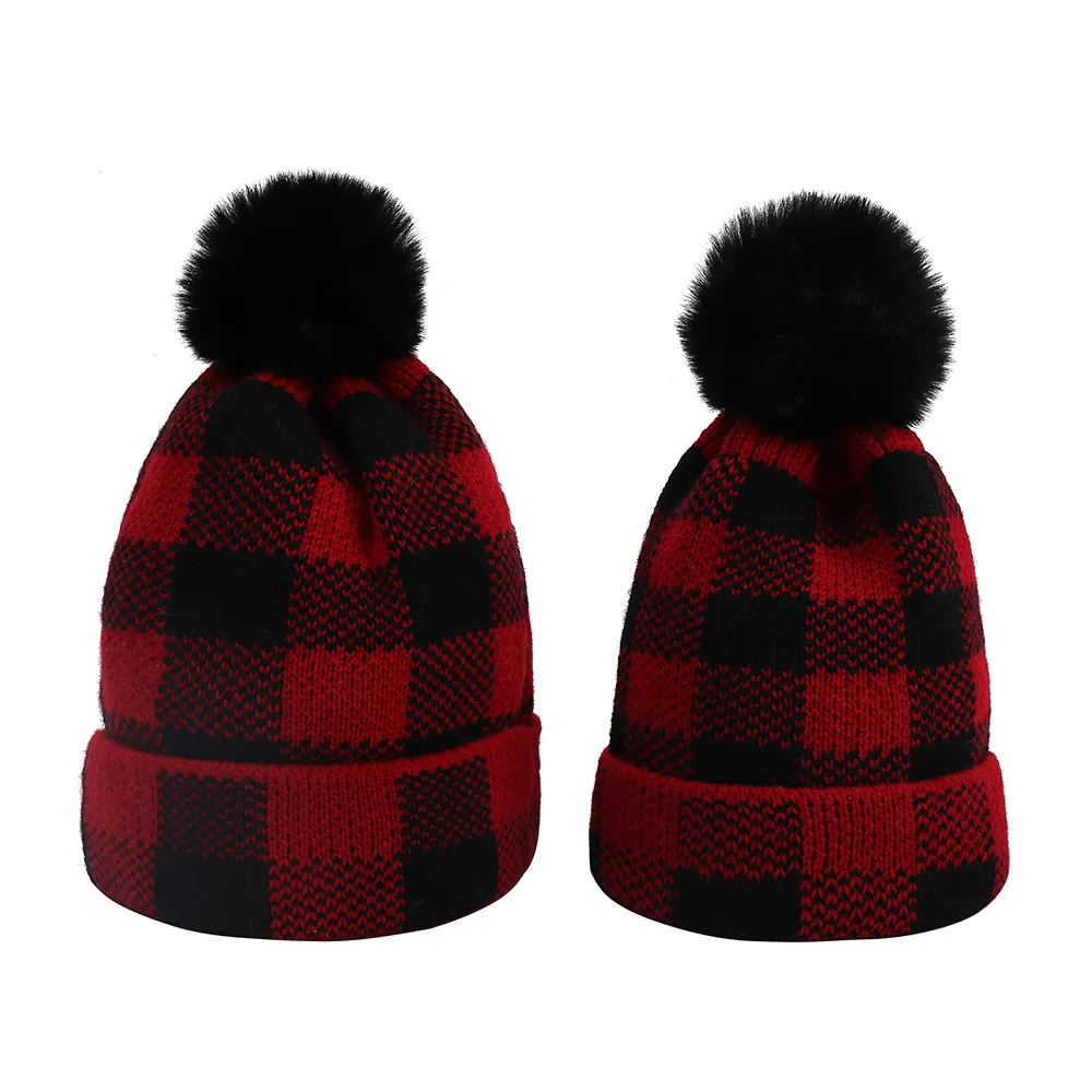 2022 NEW Baby girls Hat Christmas Plaid Beanie Cap Cotton Knitted Winter Wool Hemming Warm Hats Mom and me Parent-child | Аксессуары для