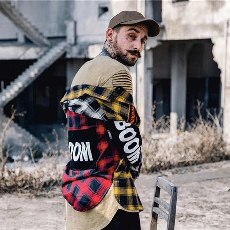 

Color Block Patchwork Plaid Long Sleeve Shirts Men Hip Hop Casual Pocket Button Shirts Fashion Streetwear Unisex