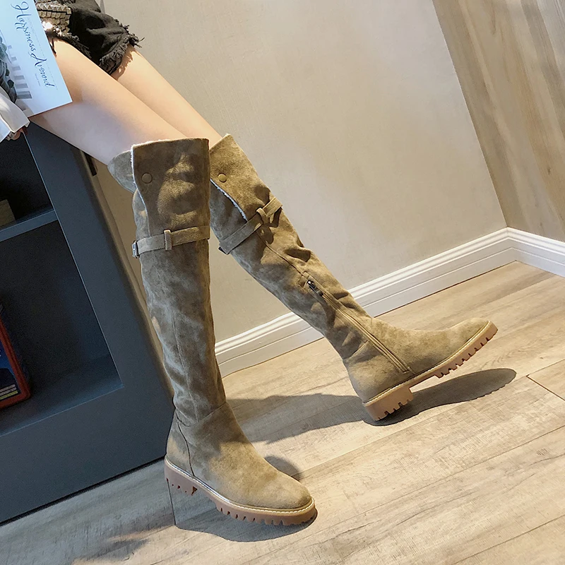 Rimocy/женские Сапоги выше колена с пряжкой теплая плюшевая зимняя обувь на