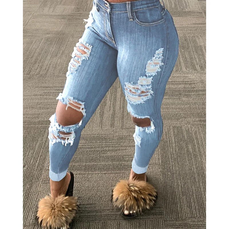 

Washed Ripped Jeans Women Plus Size S-2XL Korean High Waist Trousers Skinny Denim Jeans Black Blue Hollow Bleached Pencil Pants