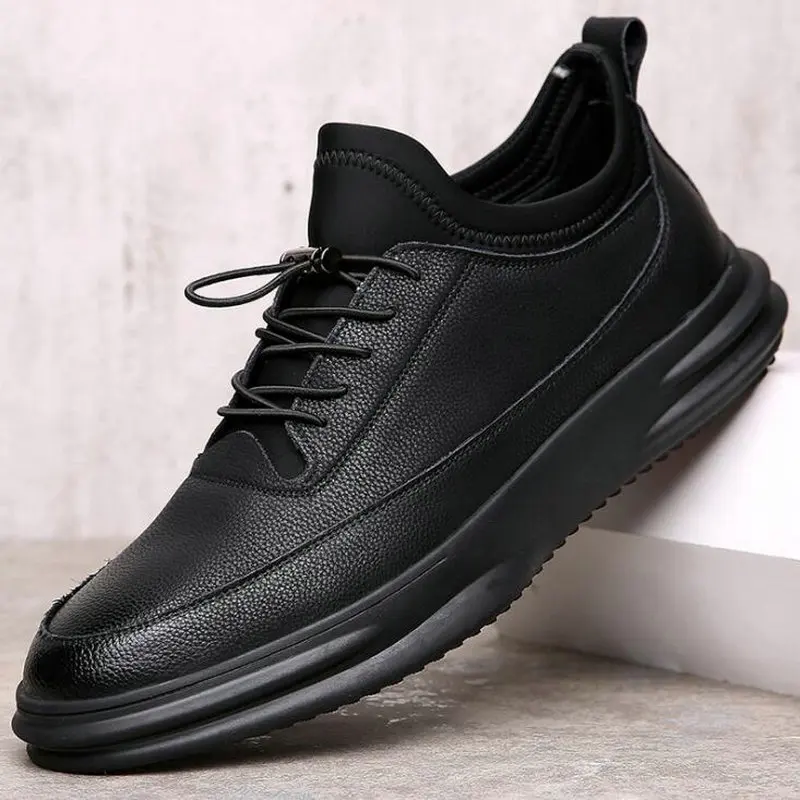 Мужские черные кроссовки на плоской подошве повседневные кожаные туфли высокое