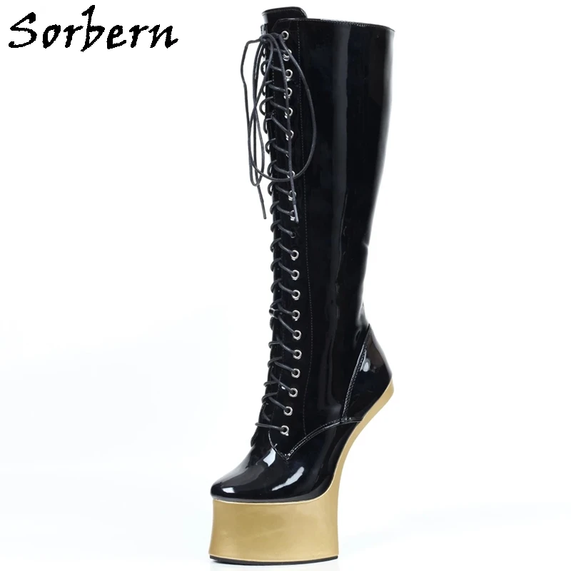 

Sorbern Exotic Knee High Boots Women Heelless Horse Shoes Lace Up Sexy Fetish Crossdresser Hoof Soles Custom Leg Size And Colors