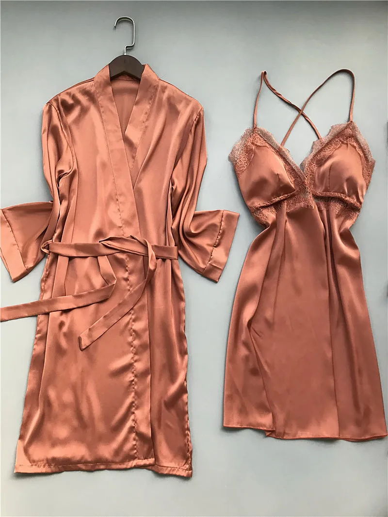 

Spring Summer New Kimono Robe Female Nightwear 2PCS Sleep Set Intimate Lingerie Sexy Bathrobe Gown Sleepwear Homewear