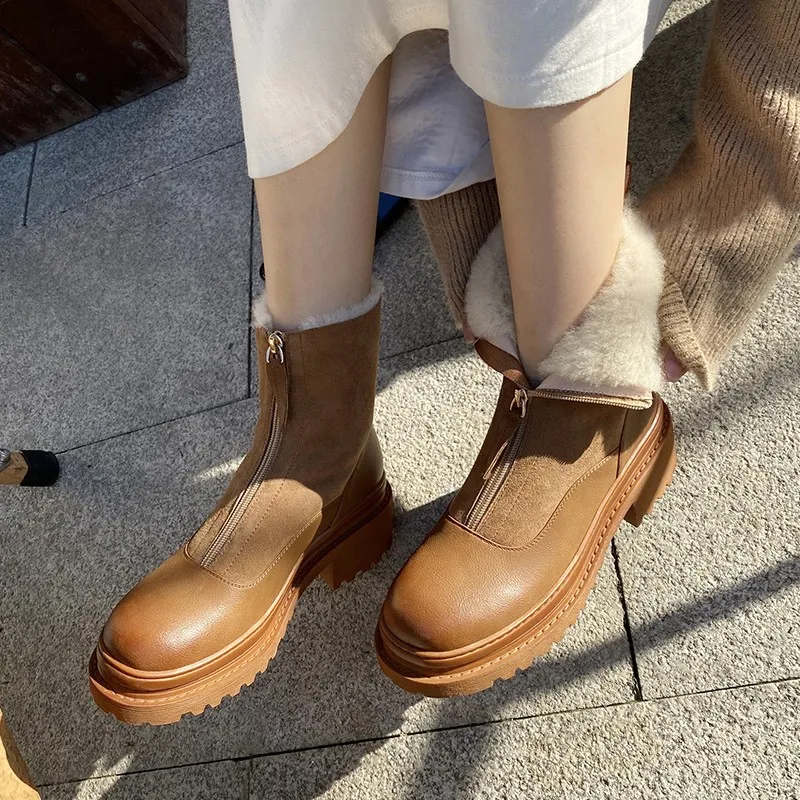 

Женские ботинки из натуральной кожи, на толстой плюшевой подкладке, с молнией спереди