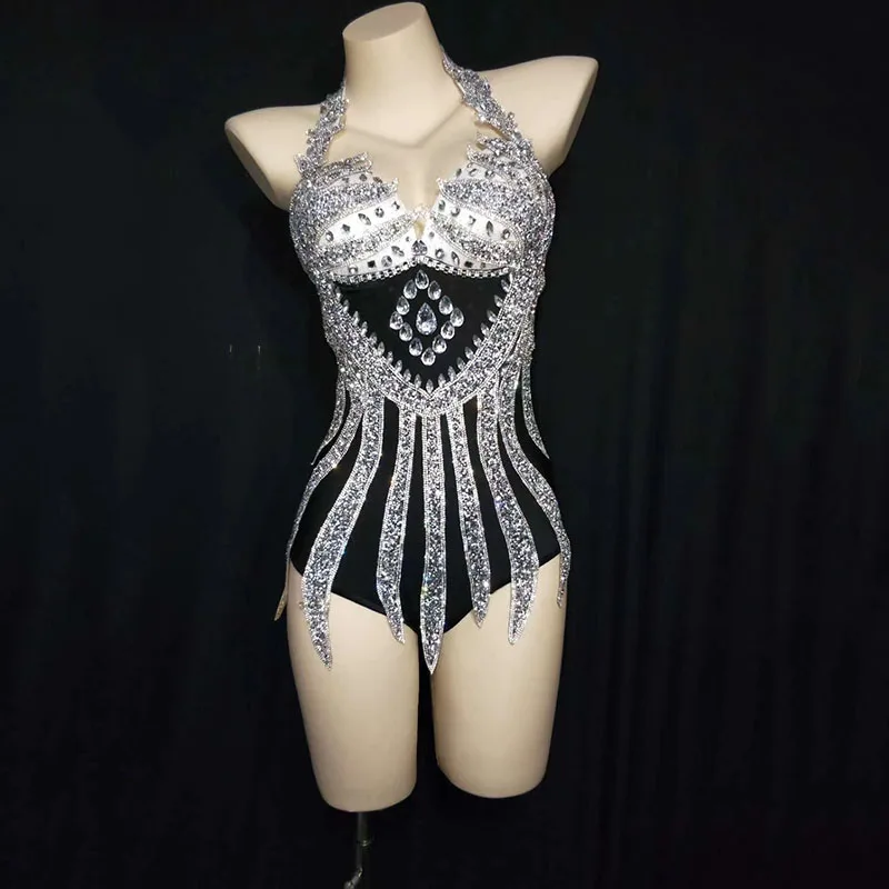

Sparkly Silver Rhinestone Bodysuit Women Outfit with Fringe Gloves Dancer Costume for Prom Birthday Celebrate Outfit Set