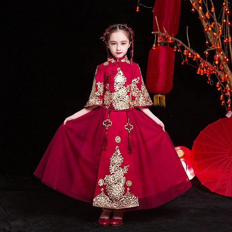 Winter Girl Red Modified Cheongsam New Year'S Dress Children'S Chinese Style Tang Suit Little Girls Han Costume Garment |