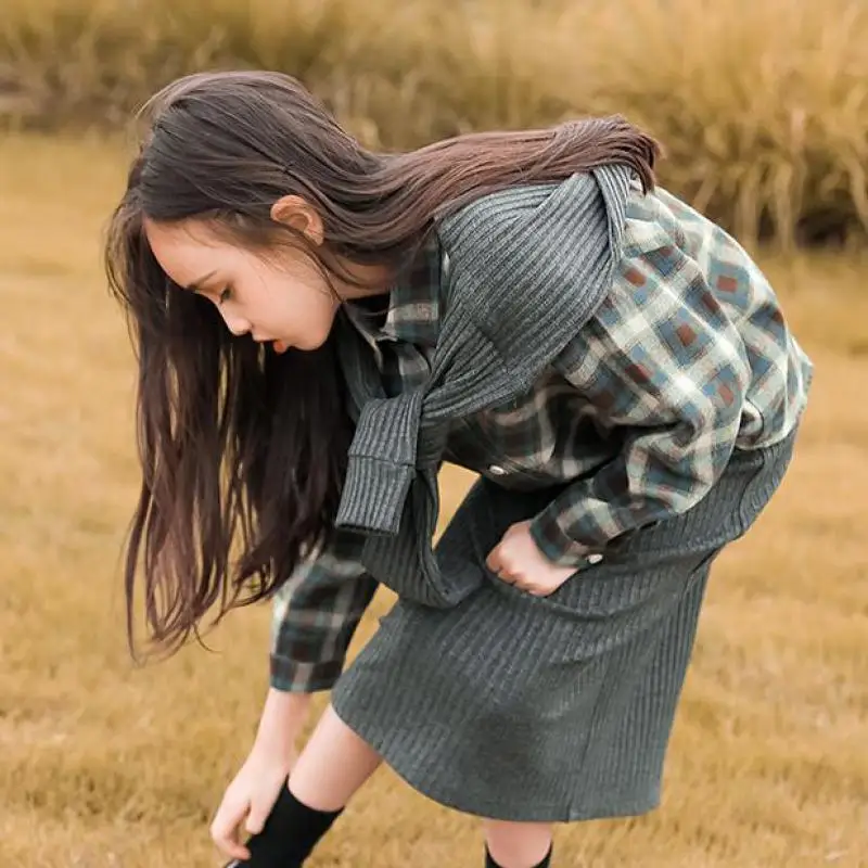 

2 Piece Blouse Pants/skirts Suit For 5-14y Girls Fashion Plaid Print Shirts Casual Loose Trousers Set Kids Girl's Daily Clothing