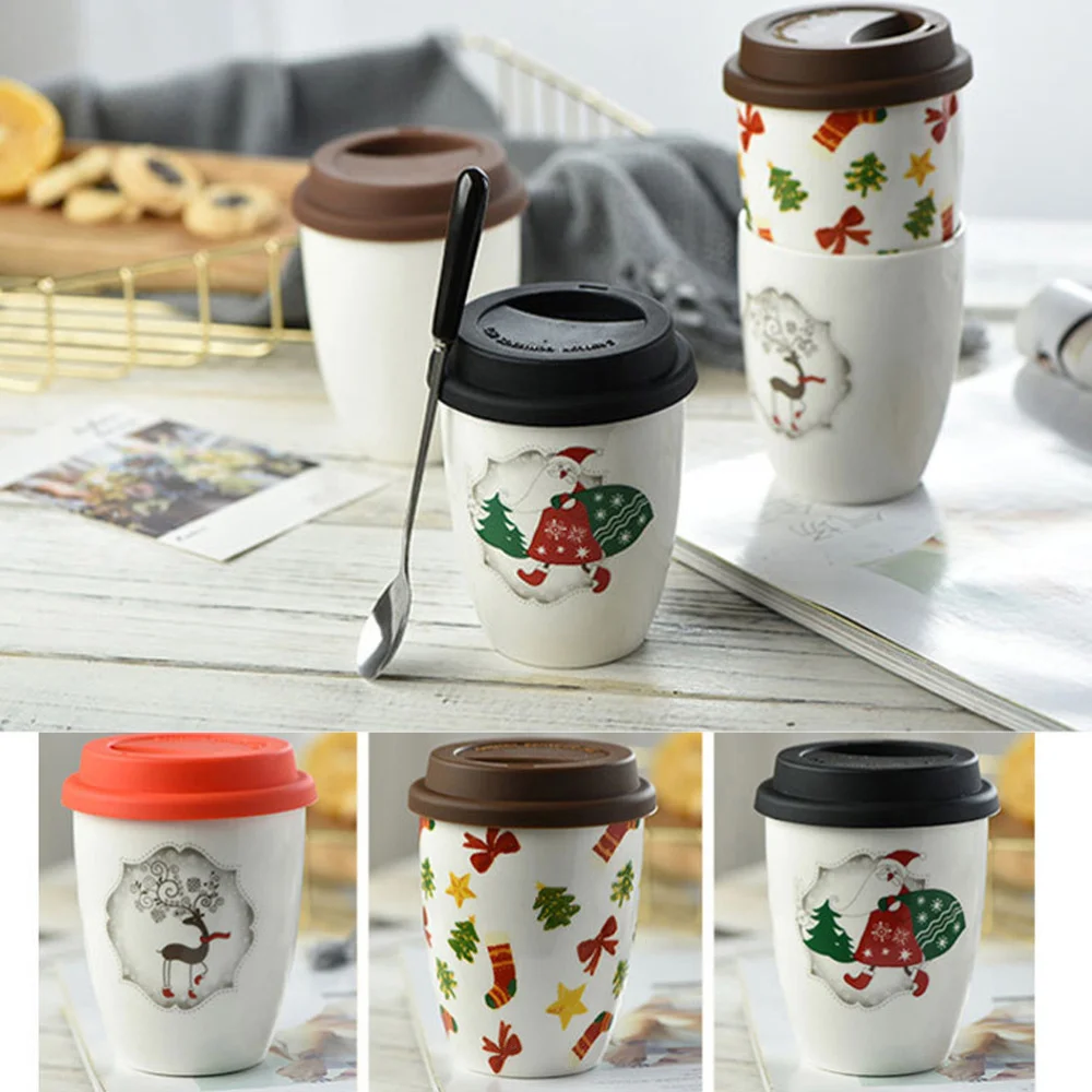 380ML Ceramics Mug Christmas Coffee Without Handle Thicken Fashion Tea Cup with Silicone Lid (Christmas Gifts) | Дом и сад