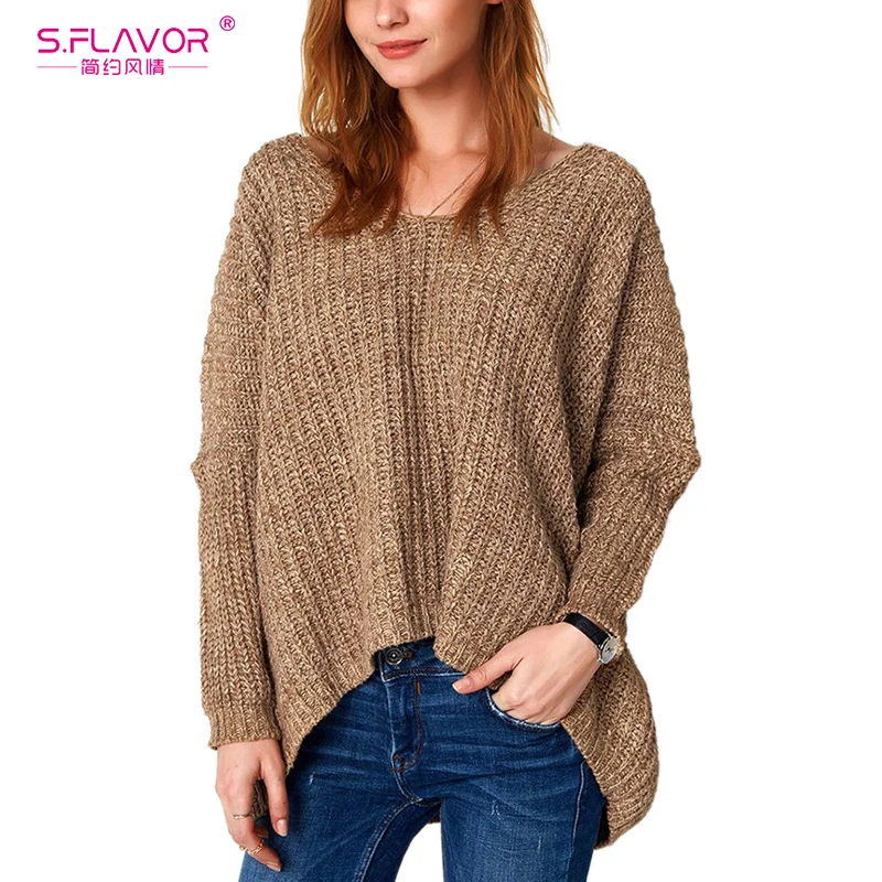 S. FLAVOR Осенний вязаный свитер с v-образным вырезом Женский Свободный Повседневный