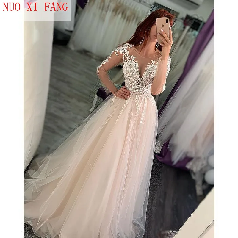 

Кружевное свадебное платье в пол с глубоким вырезом и аппликацией, свадебное платье трапециевидной формы с длинными рукавами, свадебное пл...