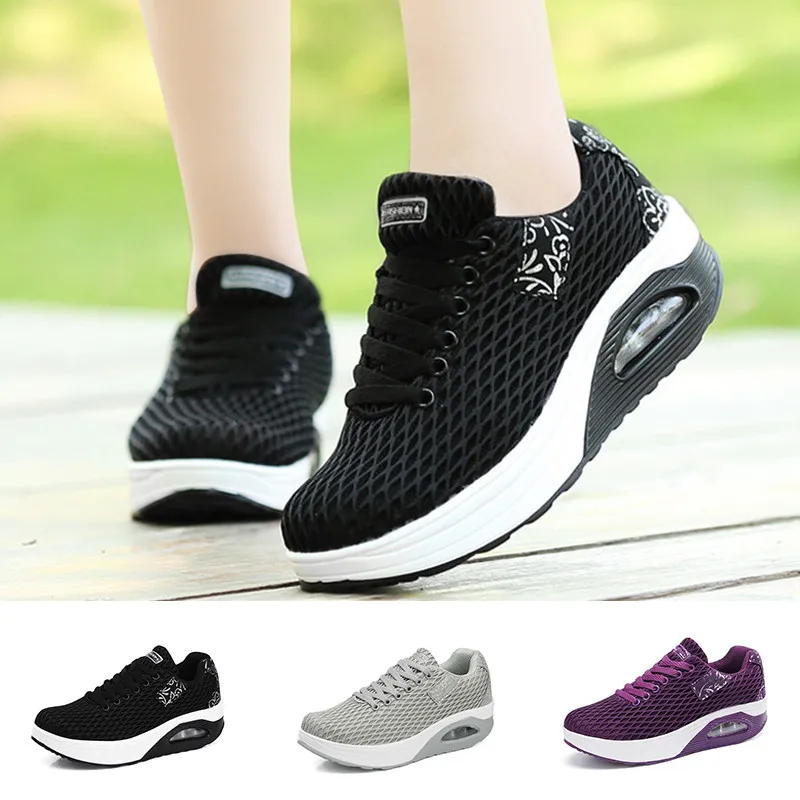

LIN KING Women Ankle Swing Shoes Height Increasing Autumn Shoes Lady Lace Up Casual Shoes Breathable Air Mesh Woman Wedges Shoes