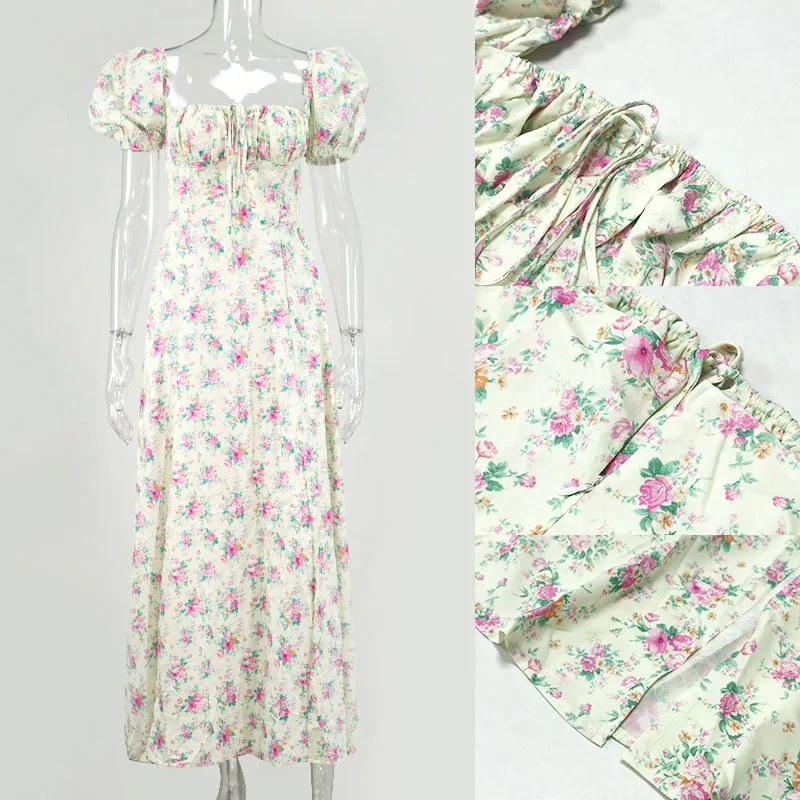 

Giyu Fashion Floral Print Woman Dress Sexy Summer Split Lace Up Backless Vestidos Vintage Puff Sleeve Vestidos Casual Streetwear
