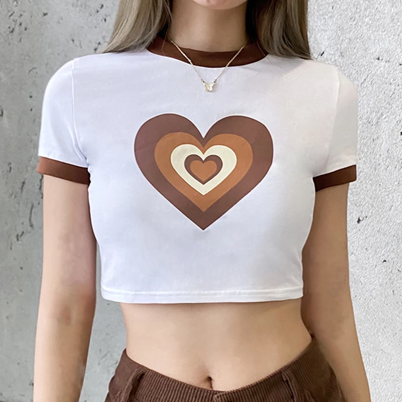 

SUNCREE New Love Printed Super-short T-shirt for Woman Sexy Fashion Summer Top Female Casual O-Neck Short Sleeve T-Shirts 2021