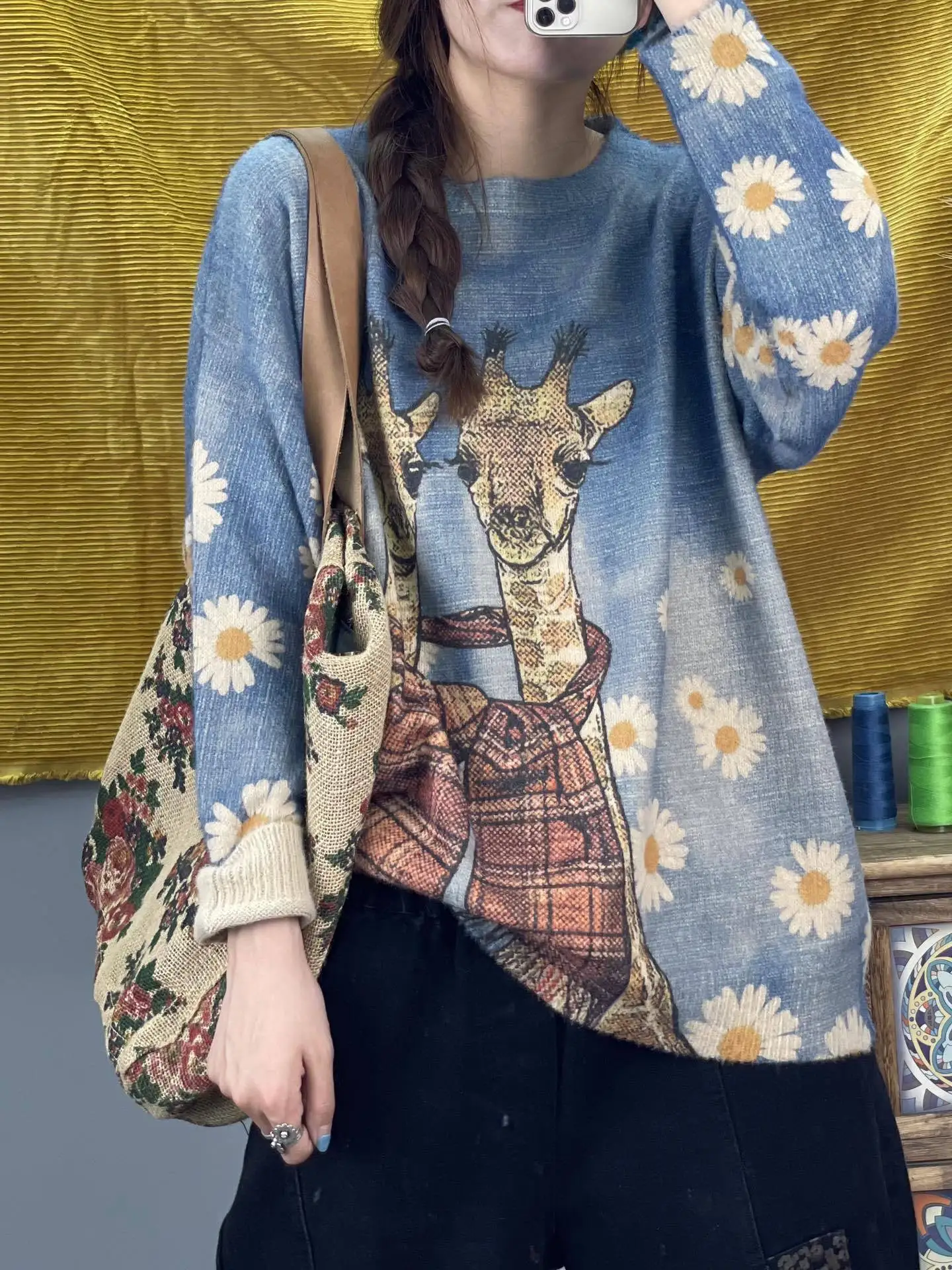 

88060 Autumn Women Giraffe Cartoons Print Sweater Loose Fashion Casual O-Neck Vintage Daisy Knitted Pullovers Versatile Female