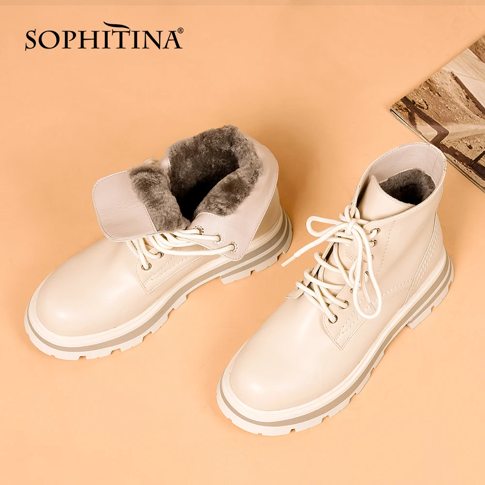 

SOPHITINA Wool Ankle Boots Fashion Women Winter Keep Warm Genuine Leather Round Toe Boots Non-slip Flat With Lace-up Shoes K311