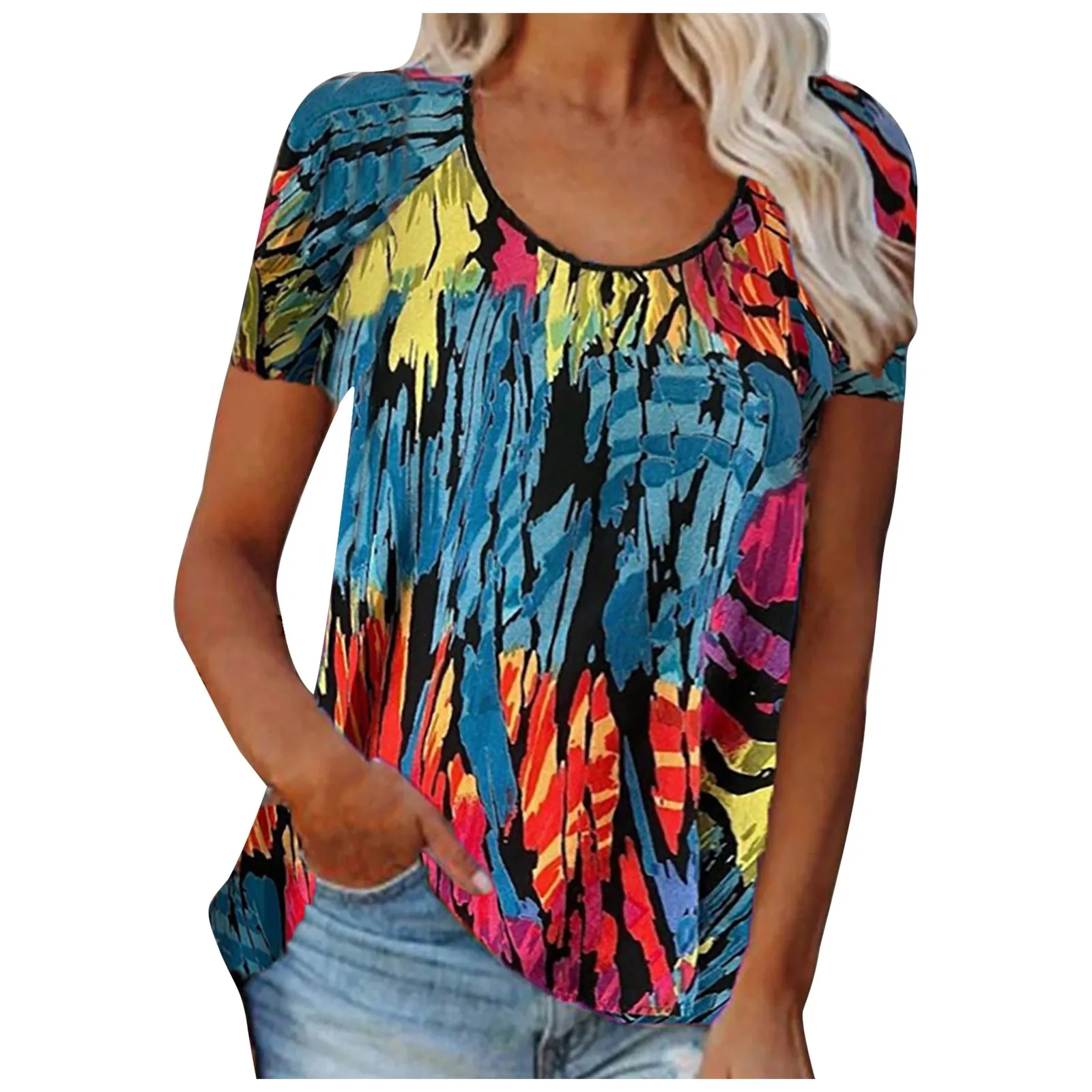 Женская туника с круглым вырезом фиолетовая блузка коротким рукавом и цветочным