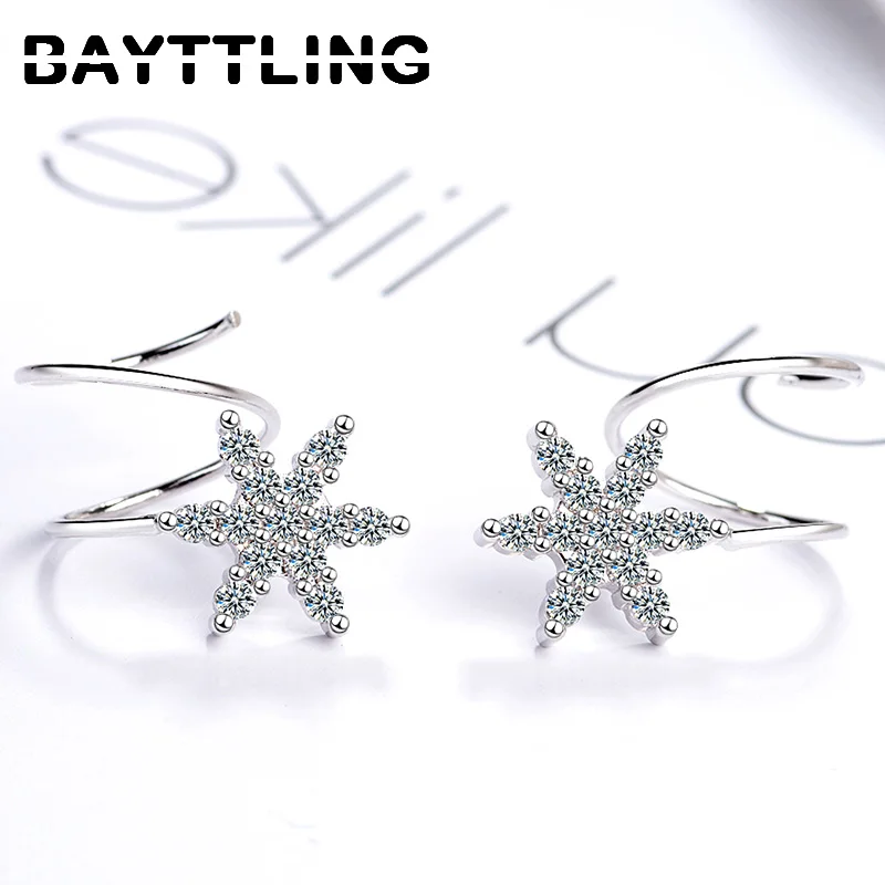 

BAYTTLING 925 Sterling Silver 15 MM Exquisite Snowflake Zircon Earrings For Woman Charm Wedding Jewelry Gift Couple