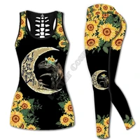 dinosaurs sunflower leggings and hollow out tank top suit sexy yoga fitness soft legging summer women for girl