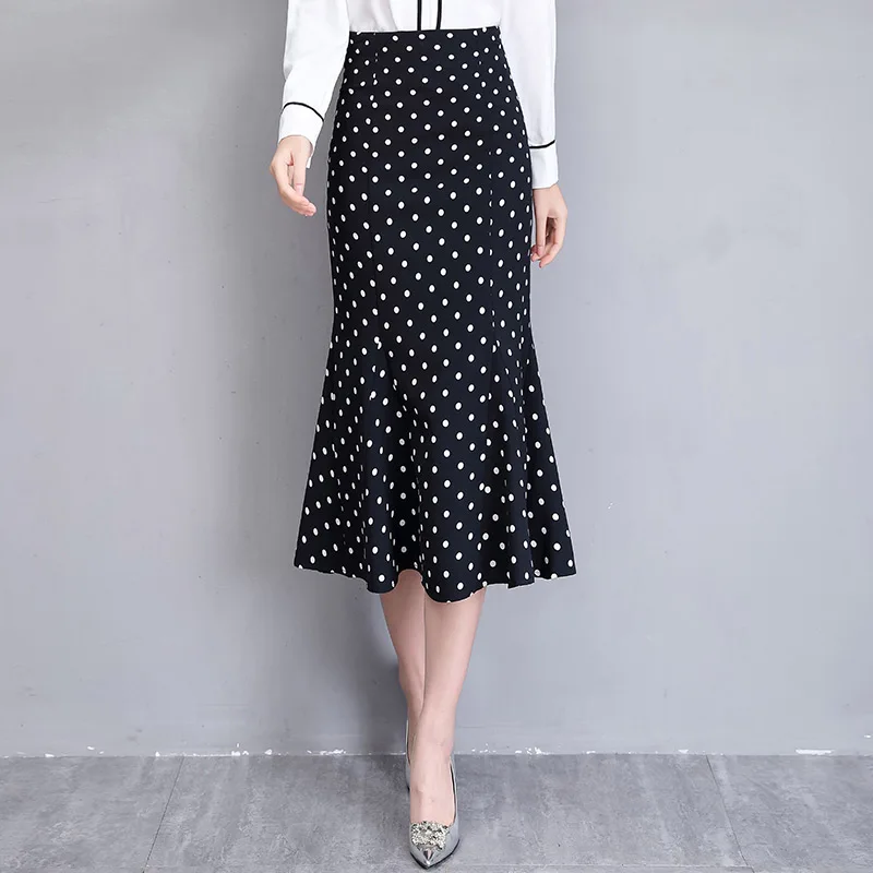 2019 High Waist Polka Dot Print Women Skirts FemininoThree Quarter Elegant Streetwear Femme Chiffon Long Skirt womens Clothing | Женская